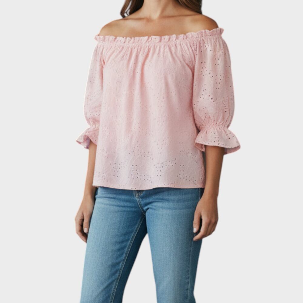 Ophelia Roe Peach Pink Off Shoulder 1/2 Sleeve Eyelet Shirt Cotton